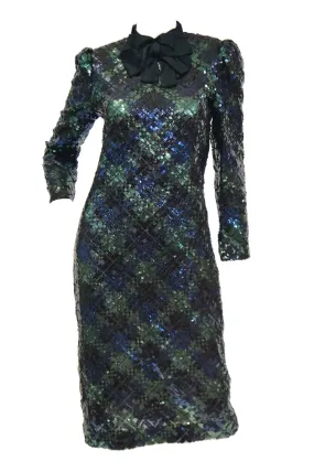 1980s Bill Blass Black and Green Black Watch Tartan Fully Sequined Evening Dress