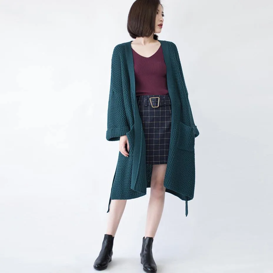 2019 blackish green Wool Coat plus size flare sleeve tie waist maxi coat Elegant pockets coat