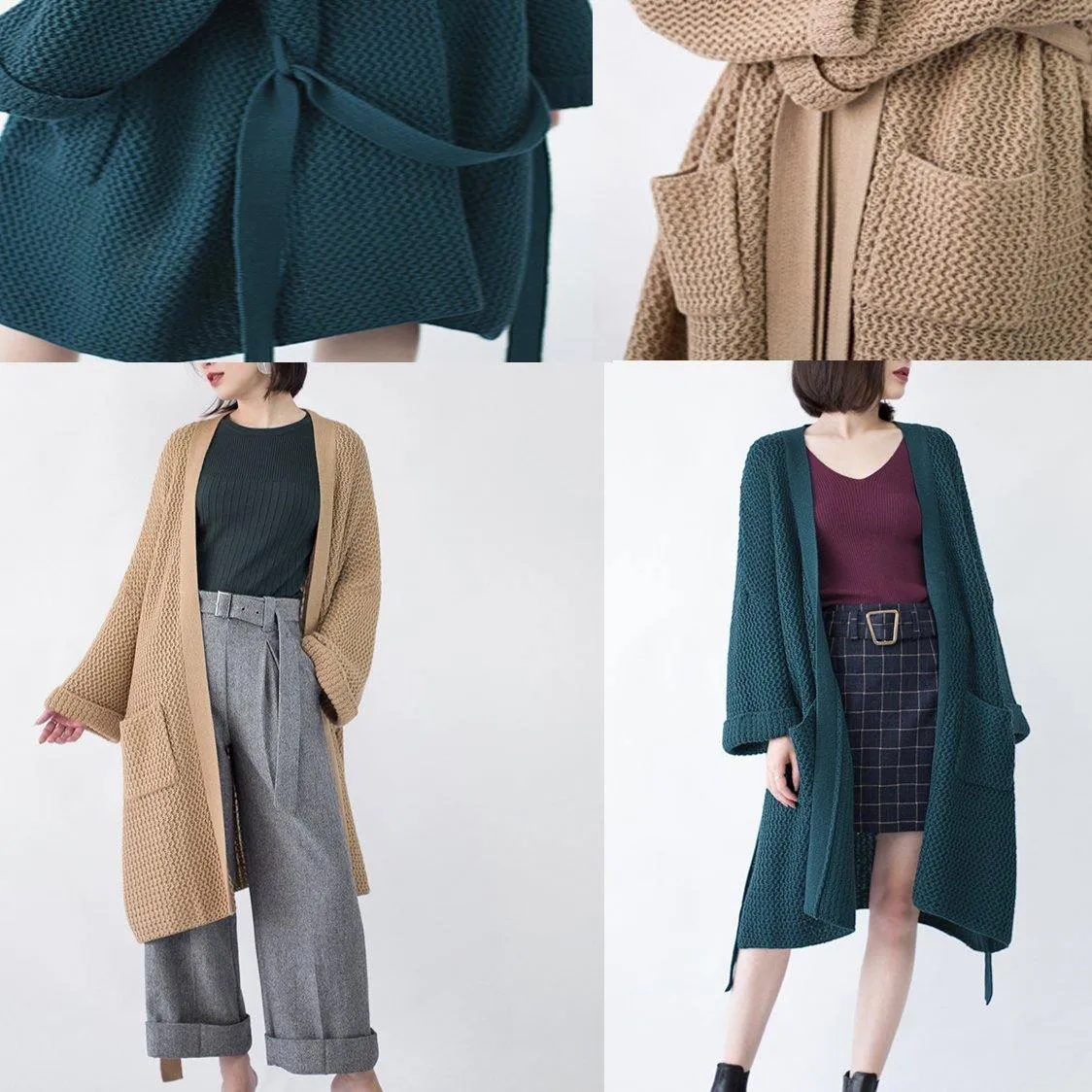 2019 blackish green Wool Coat plus size flare sleeve tie waist maxi coat Elegant pockets coat