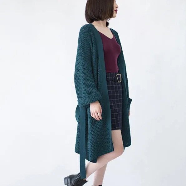 2019 blackish green Wool Coat plus size flare sleeve tie waist maxi coat Elegant pockets coat