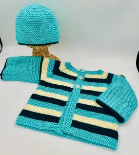 6-12 M Light Aqua, Dark Aqua and Cream Stripe Acrylic Cardigan Set with Beanie