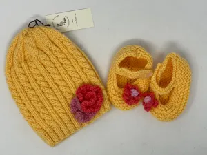 6-12 M Yellow Acrylic Cable Knit Beanie Hat and Booties Set