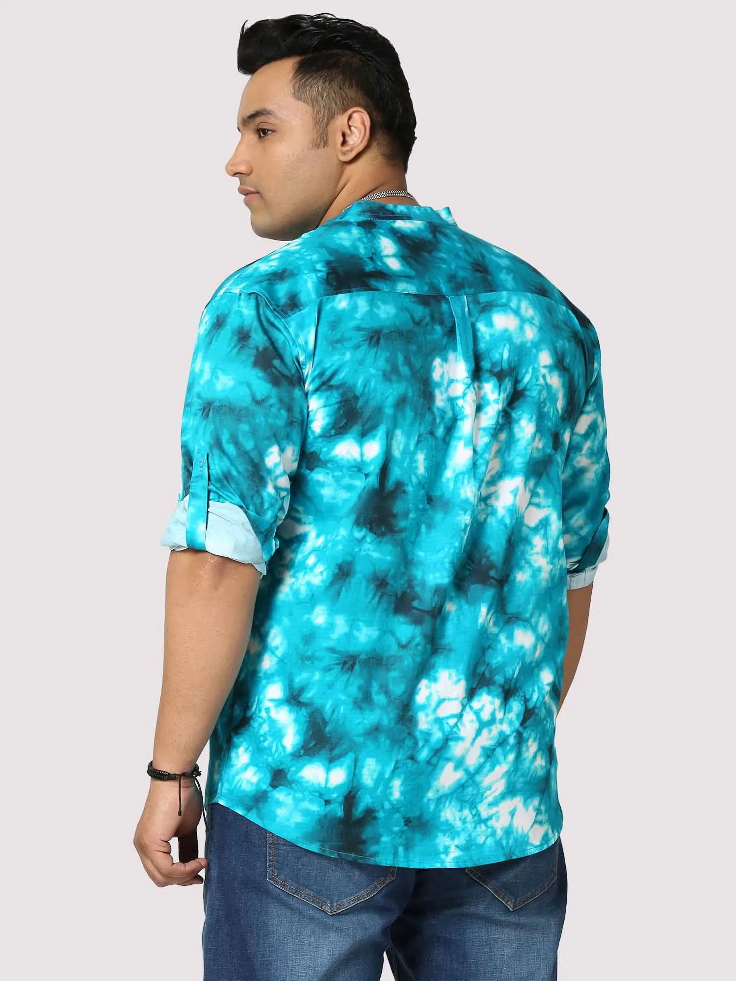 Aqua Digital Printed Chinese Collar Men's Plus Size Full Shirt