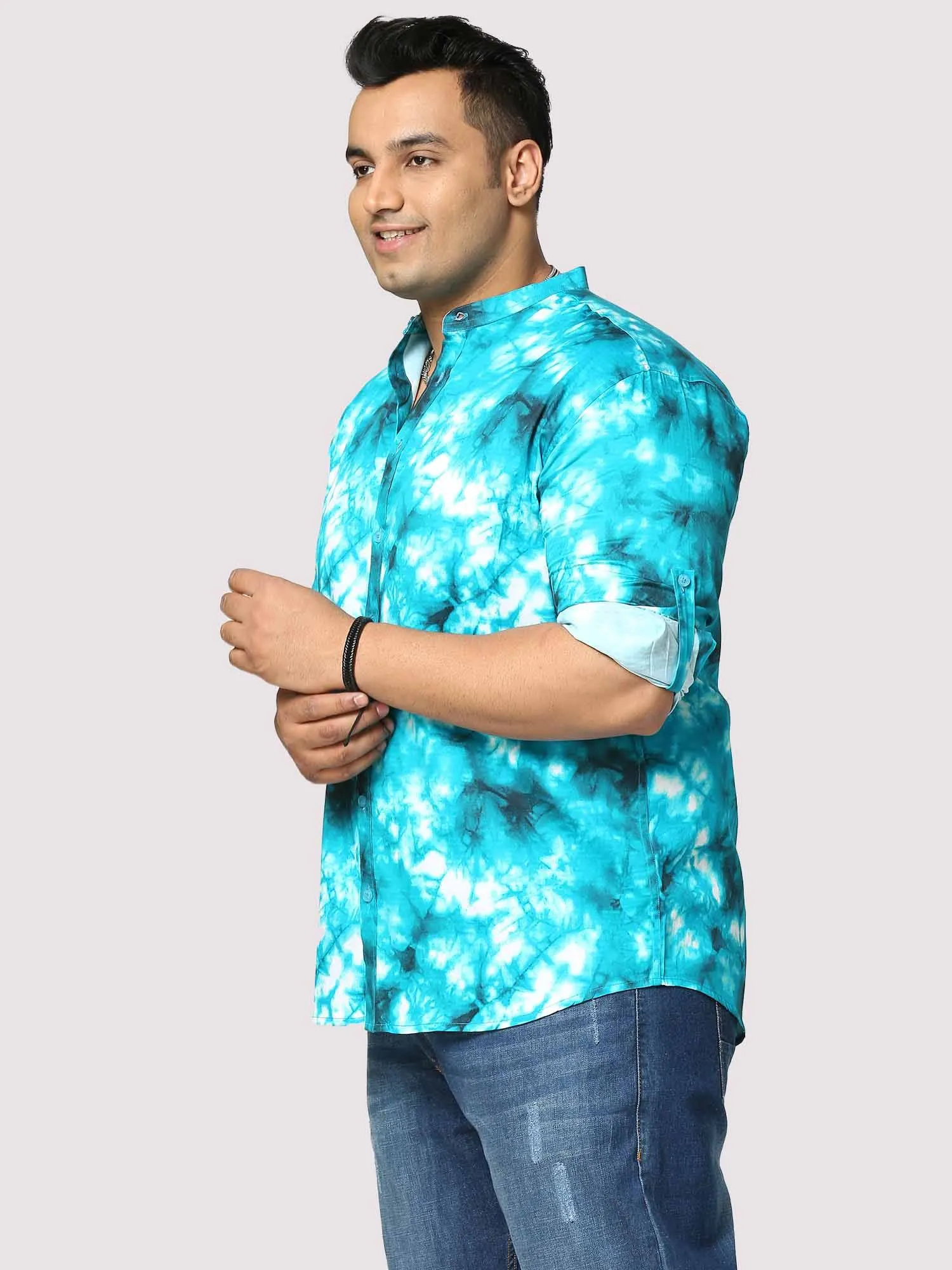 Aqua Digital Printed Chinese Collar Men's Plus Size Full Shirt