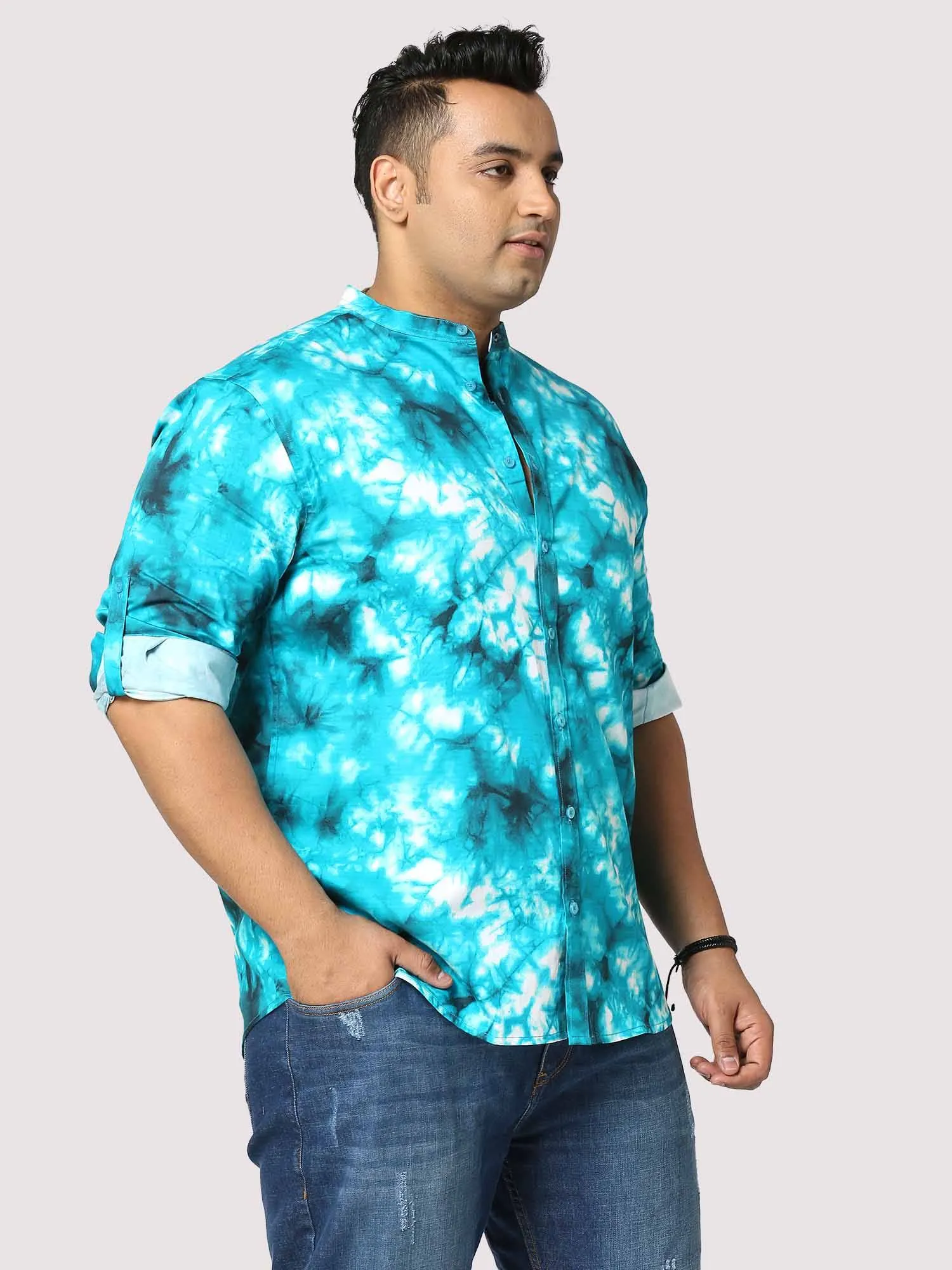 Aqua Digital Printed Chinese Collar Men's Plus Size Full Shirt