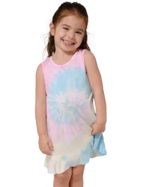 Asymmetrical dress with ruffle bottom for girls in tie dye.