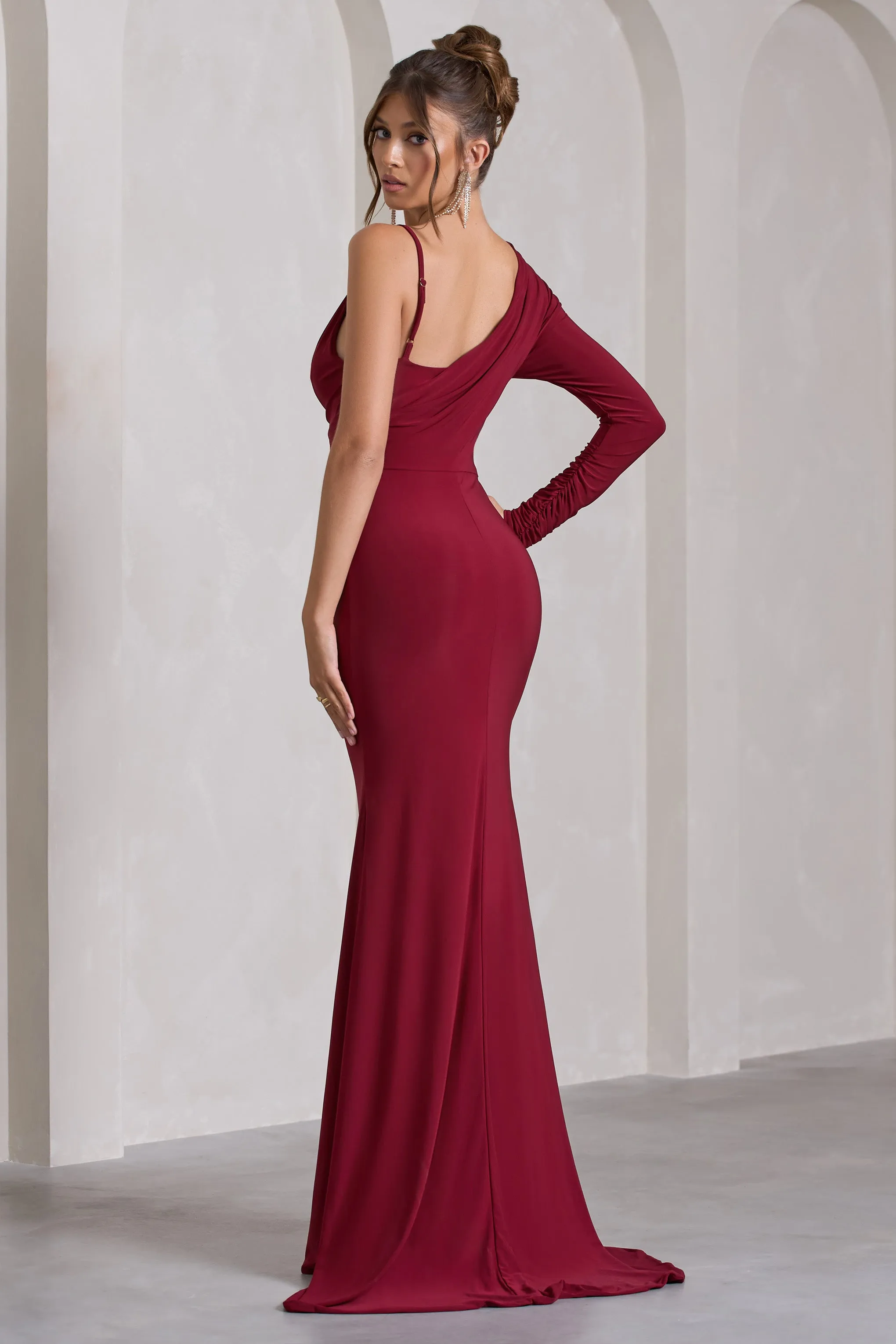 At Dusk | Berry Red One-Sleeved Cowl-Neck Fishtail Maxi Dress