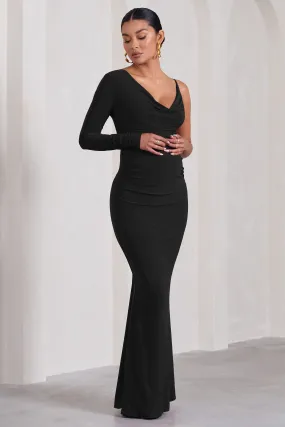 At Dusk | Black Maternity One-Sleeved Cowl-Neck Fishtail Maxi Dress