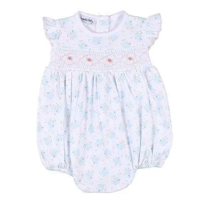 Baby Girls Vintage Blue Bird Smocked Bubble Romper