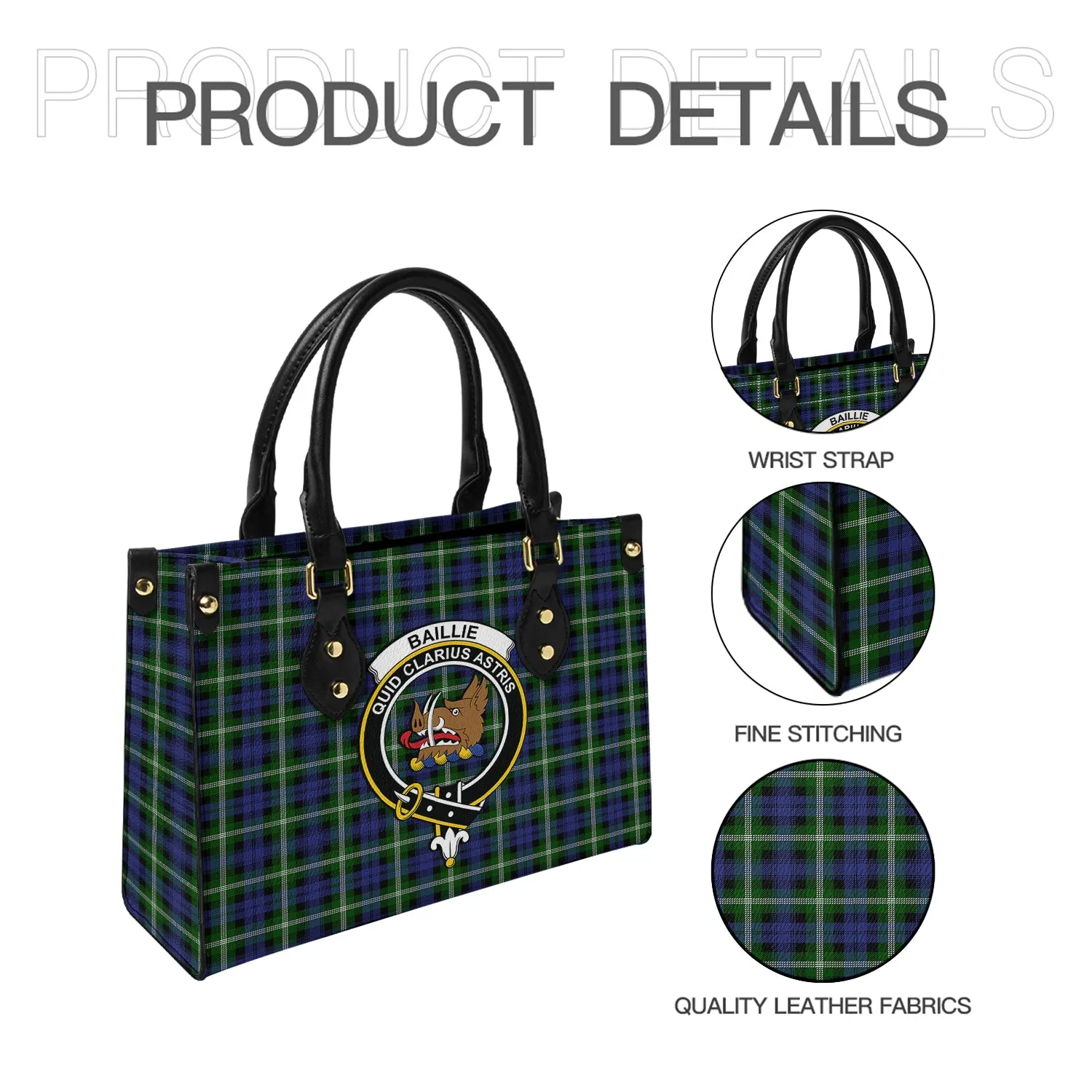 Baillie (Bailey) Tartan Leather Bag with Family Crest