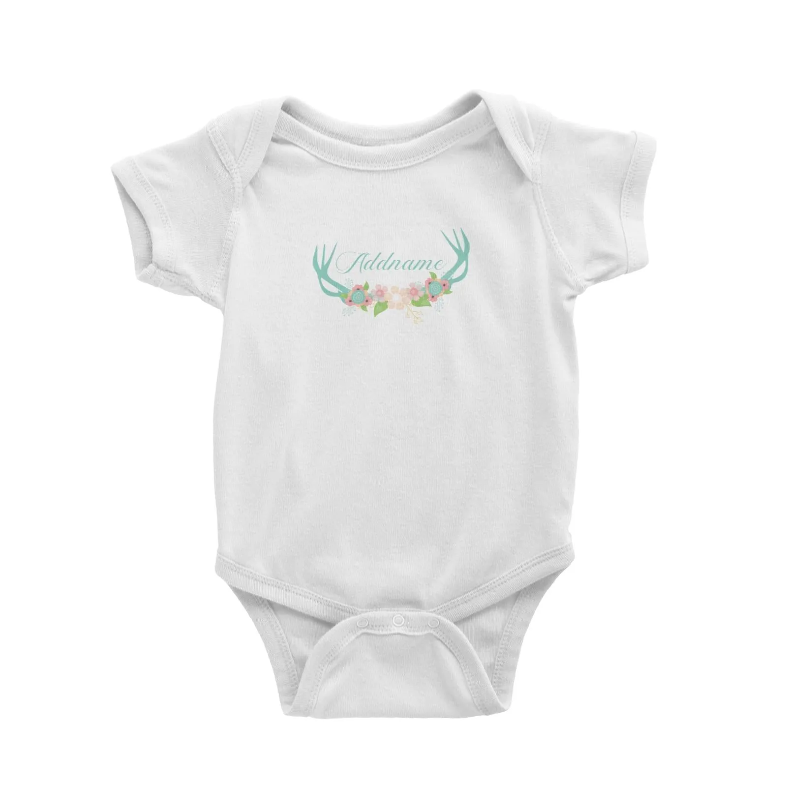 Basic Family Series Pastel Deer Green Deer Antlers With Flower Addname Baby Romper