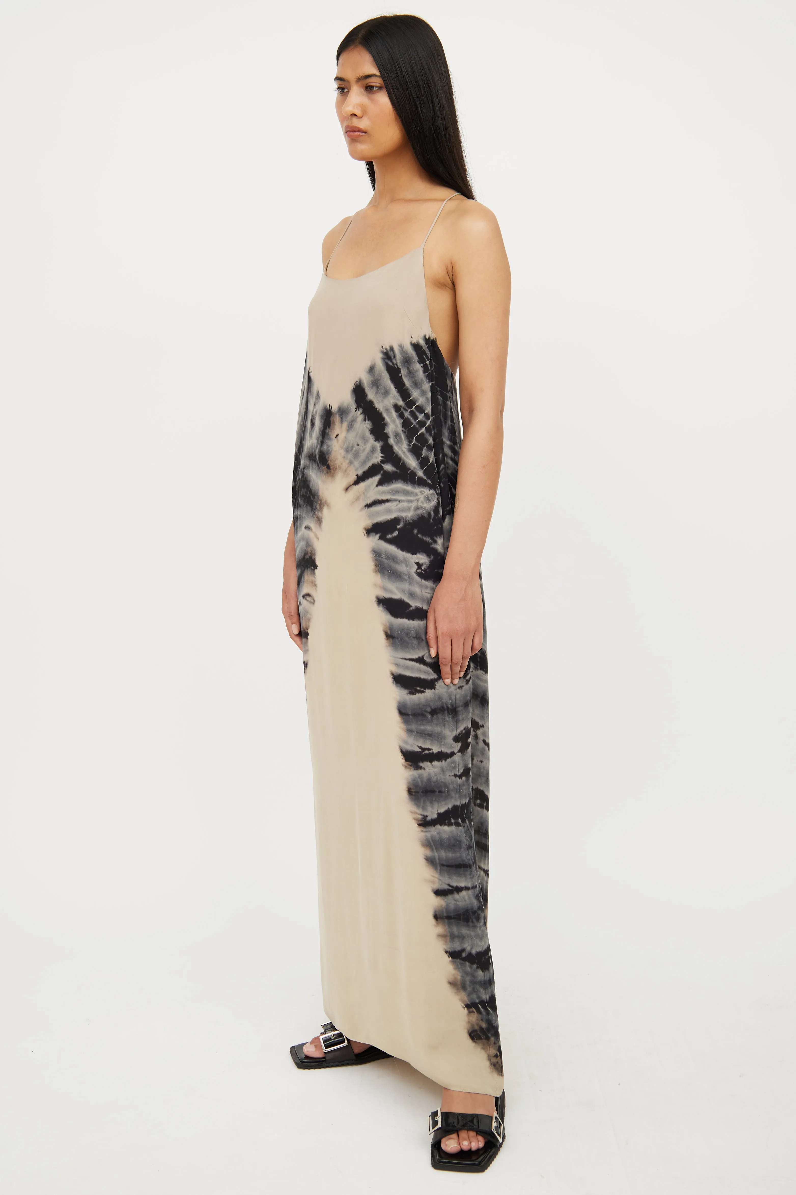 Beige & Blue Tie Dye Silk Maxi Dress