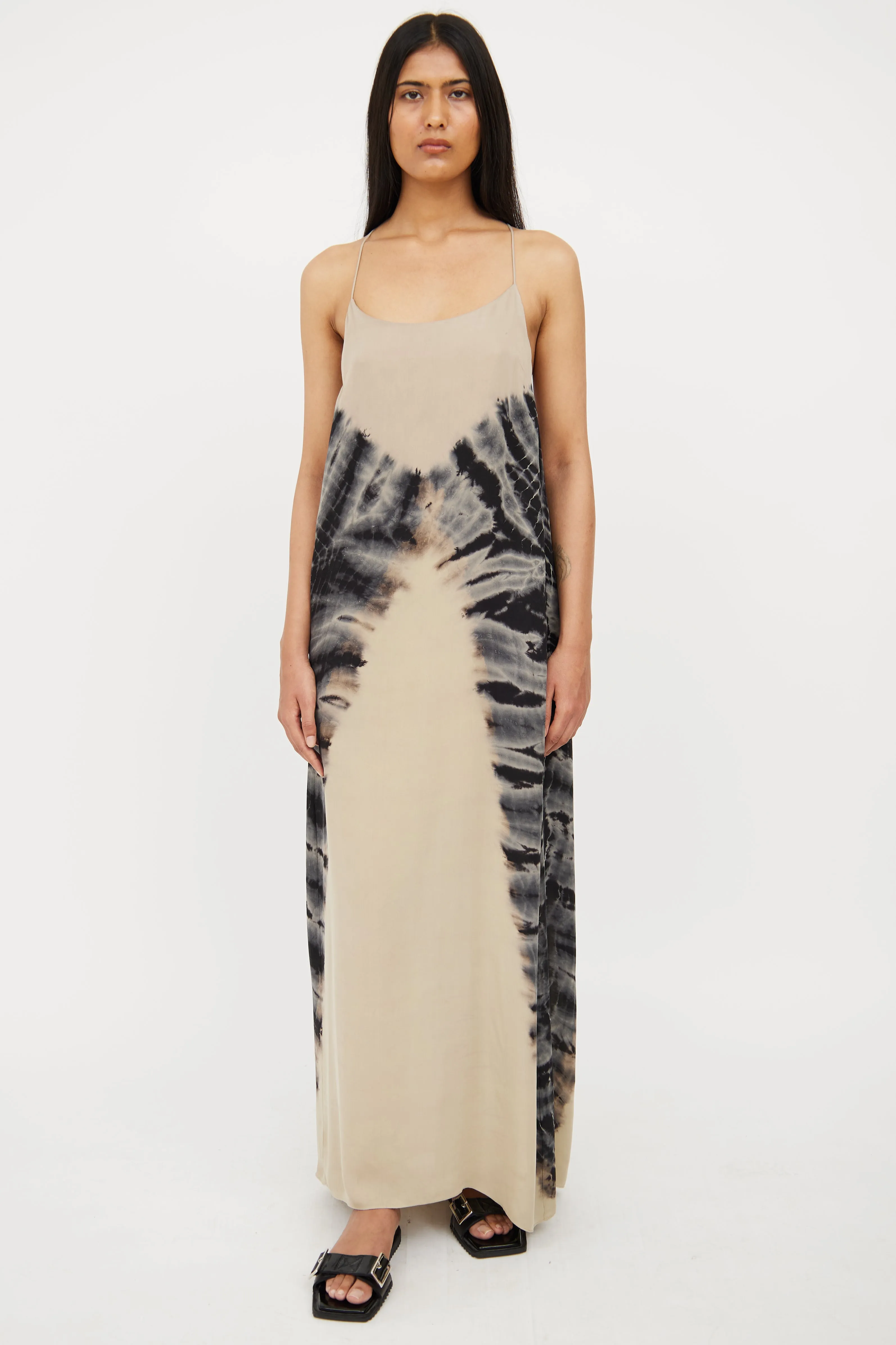 Beige & Blue Tie Dye Silk Maxi Dress