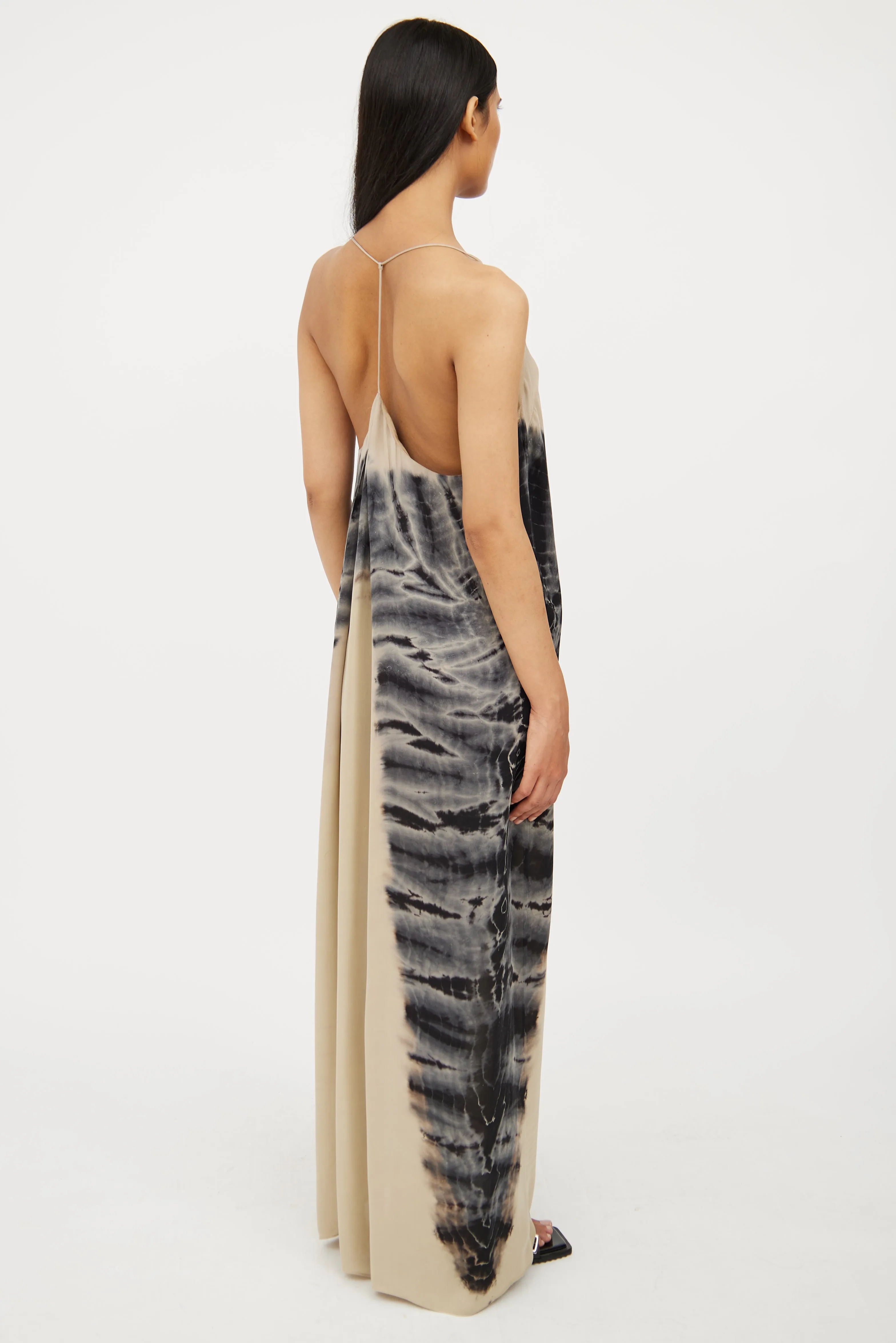 Beige & Blue Tie Dye Silk Maxi Dress