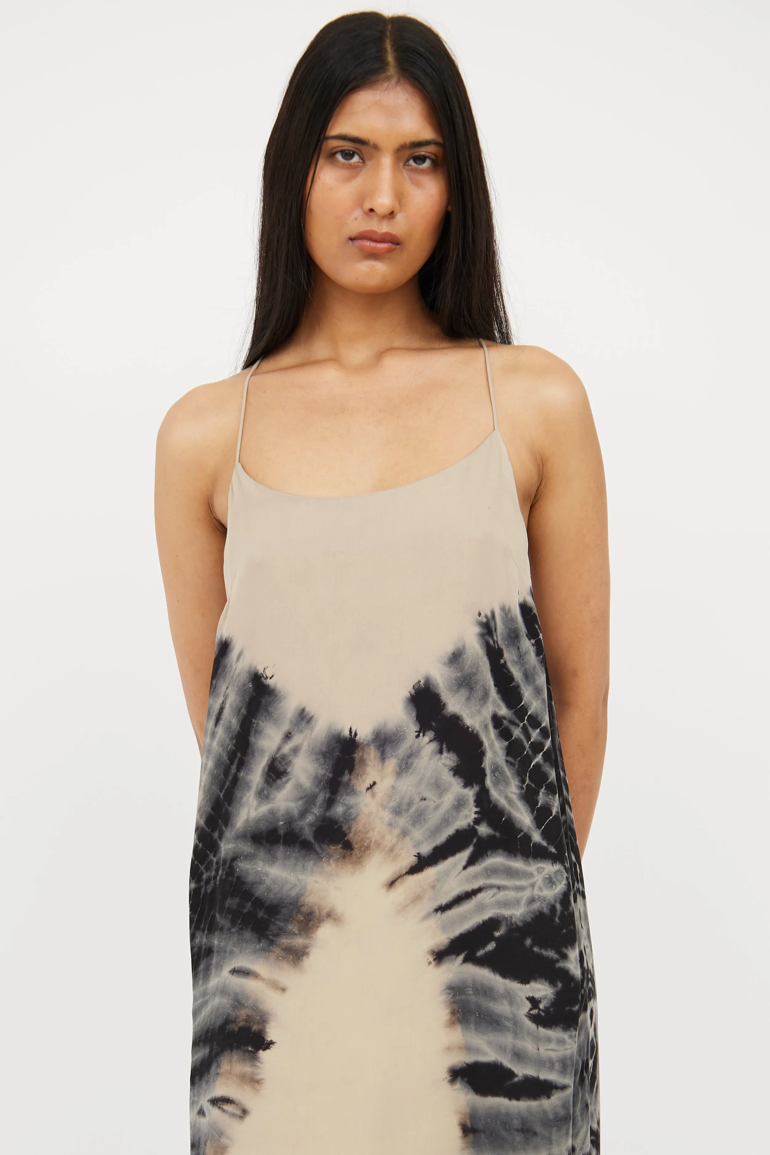 Beige & Blue Tie Dye Silk Maxi Dress