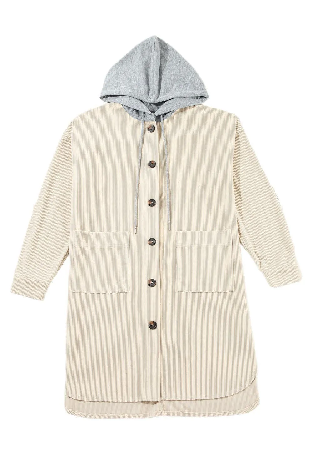 Beige Oversized Hooded Patchwork Corduroy Shacket