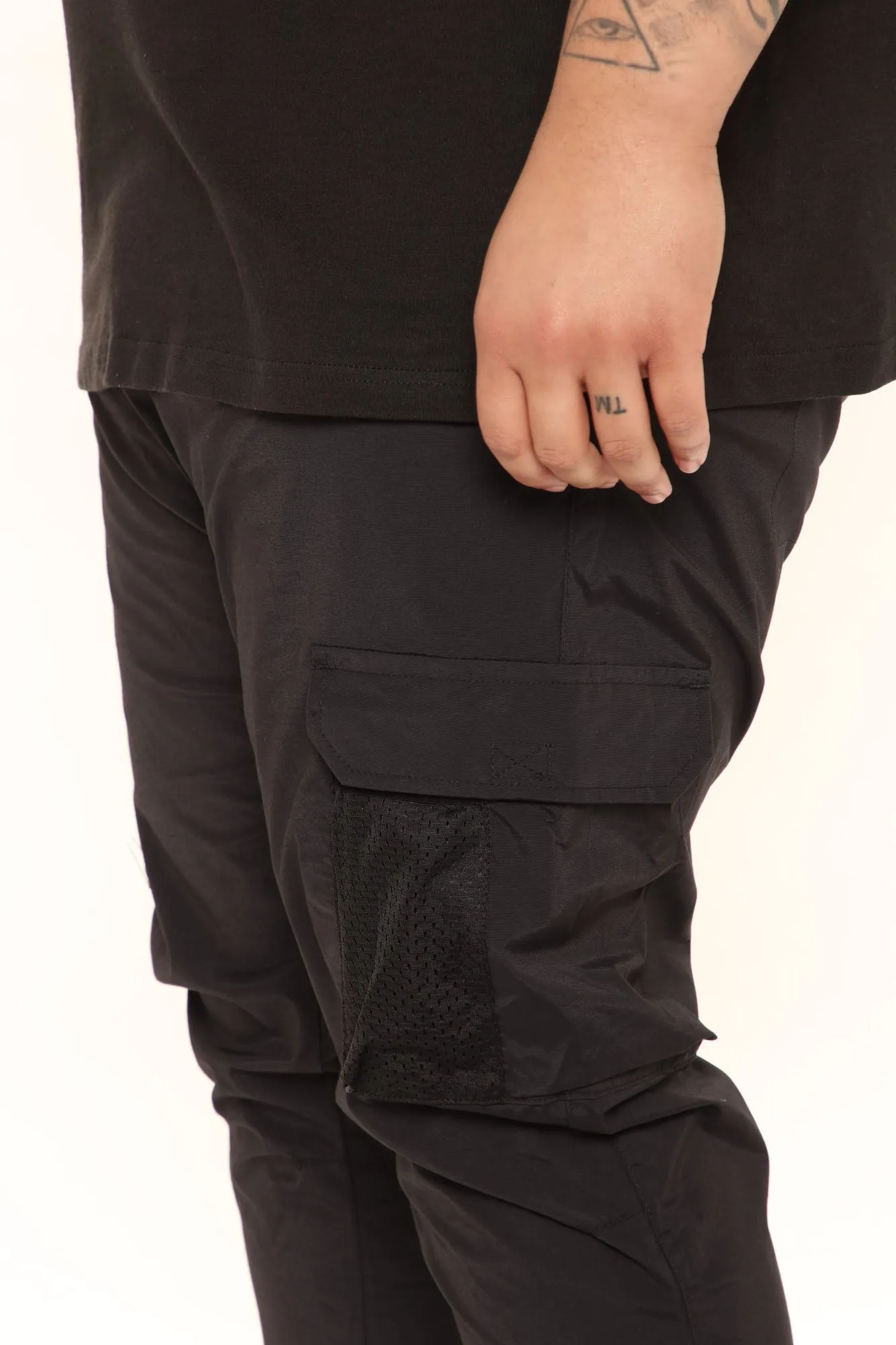 Belted Single Cargo Nylon Pants - Black