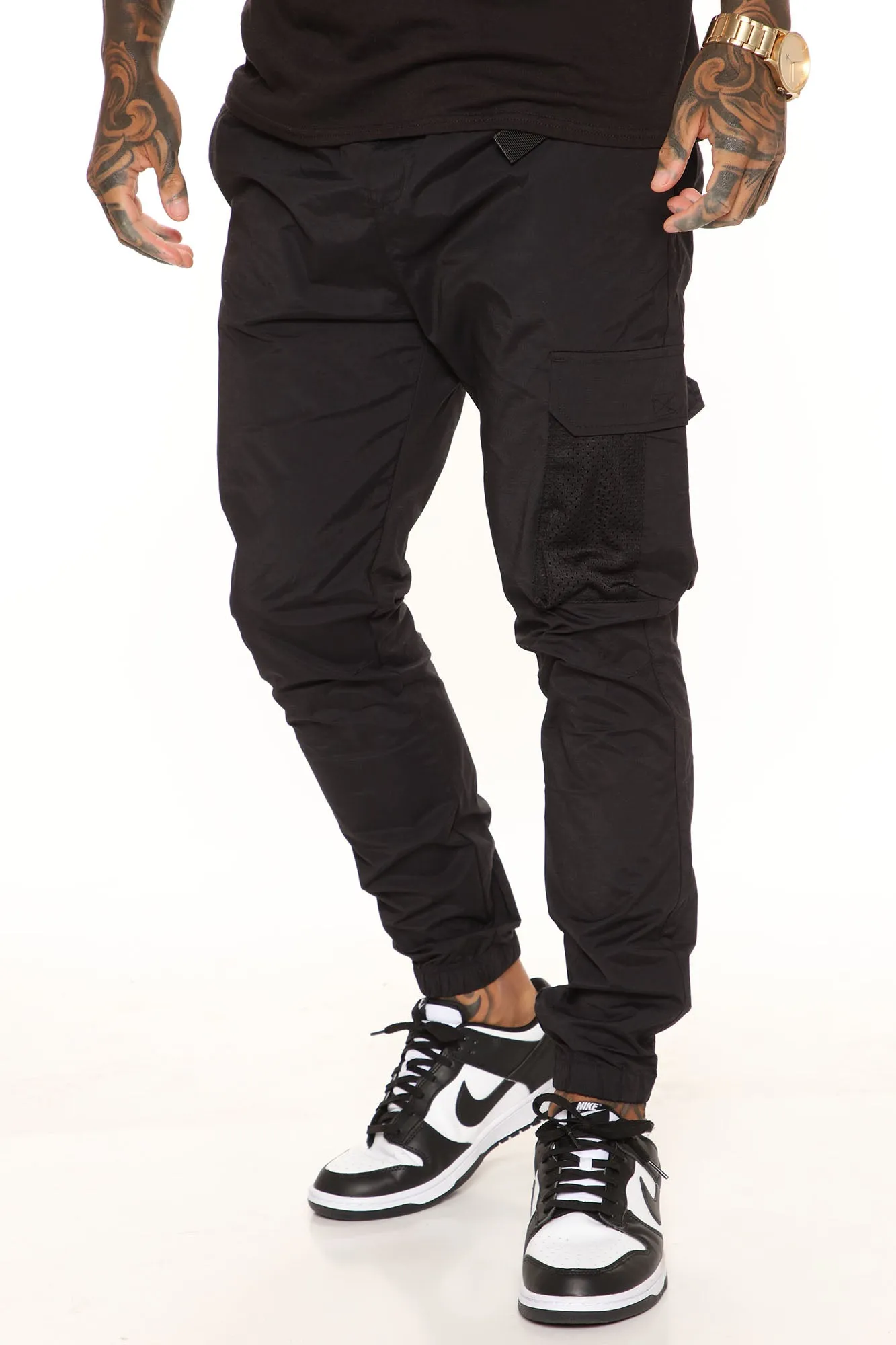 Belted Single Cargo Nylon Pants - Black