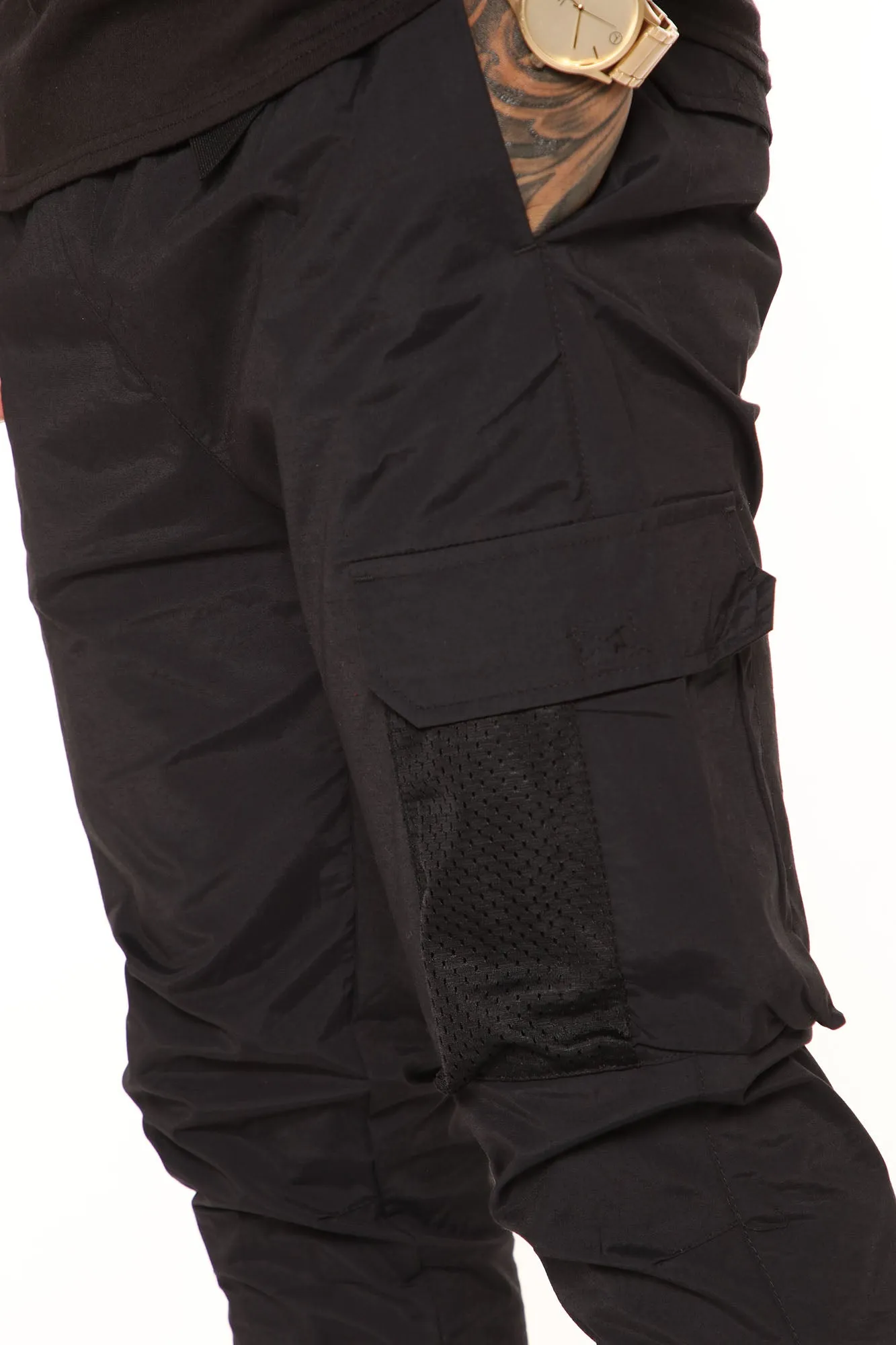 Belted Single Cargo Nylon Pants - Black