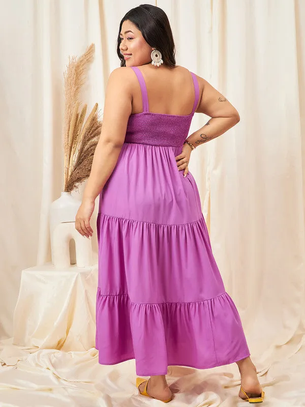 Berrylush Curve Women Solid Purple Square Neck Sleeveless Smocked A-Line Maxi Dress