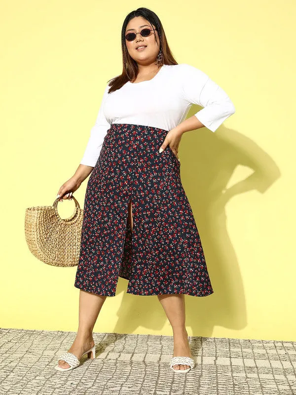 Berrylush Women Plus Size Navy Blue & Red Ditsy Floral Printed Crepe Zipper-Up Thigh-High Slit Flared A-Line Midi Skirt