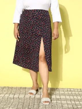 Berrylush Women Plus Size Navy Blue & Red Ditsy Floral Printed Crepe Zipper-Up Thigh-High Slit Flared A-Line Midi Skirt