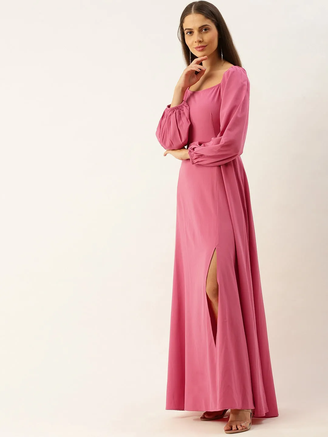 Berrylush Women Solid Pink Square Neck Slim-Fit Maxi Dress