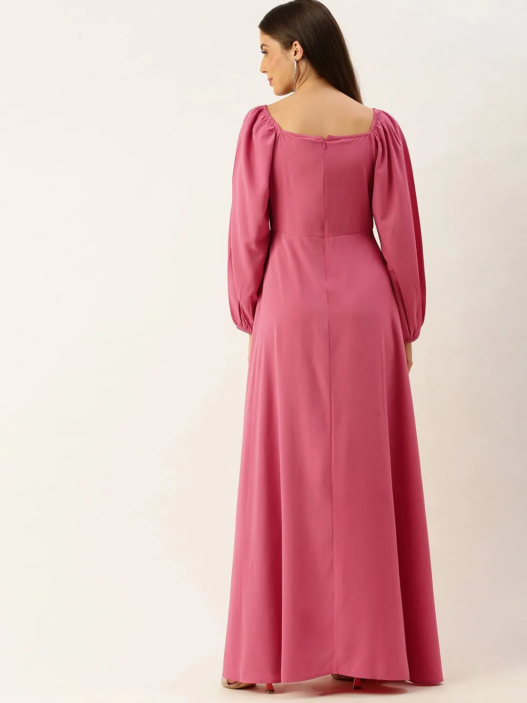 Berrylush Women Solid Pink Square Neck Slim-Fit Maxi Dress