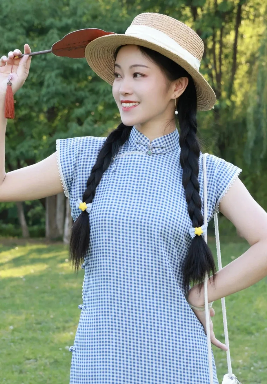 Bing Lan 冰蓝 Icy Blue 1930s Gingham & Lace Cap Sleeve Qipao