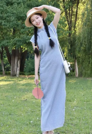 Bing Lan 冰蓝 Icy Blue 1930s Gingham & Lace Cap Sleeve Qipao