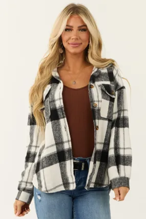 Black and White Plaid Button Up Collared Shacket