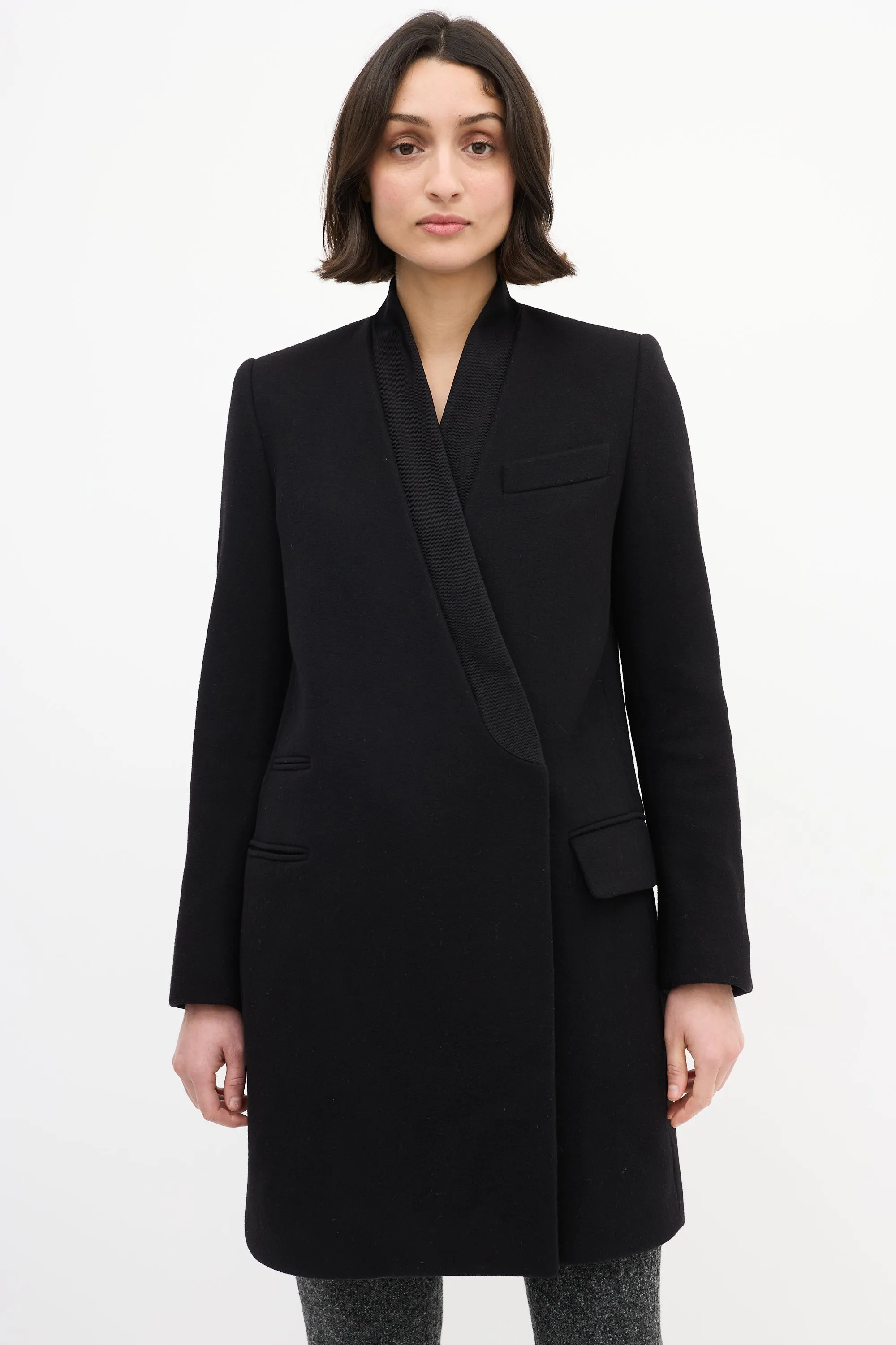 Black Wool Tuxedo Mid Length Coat