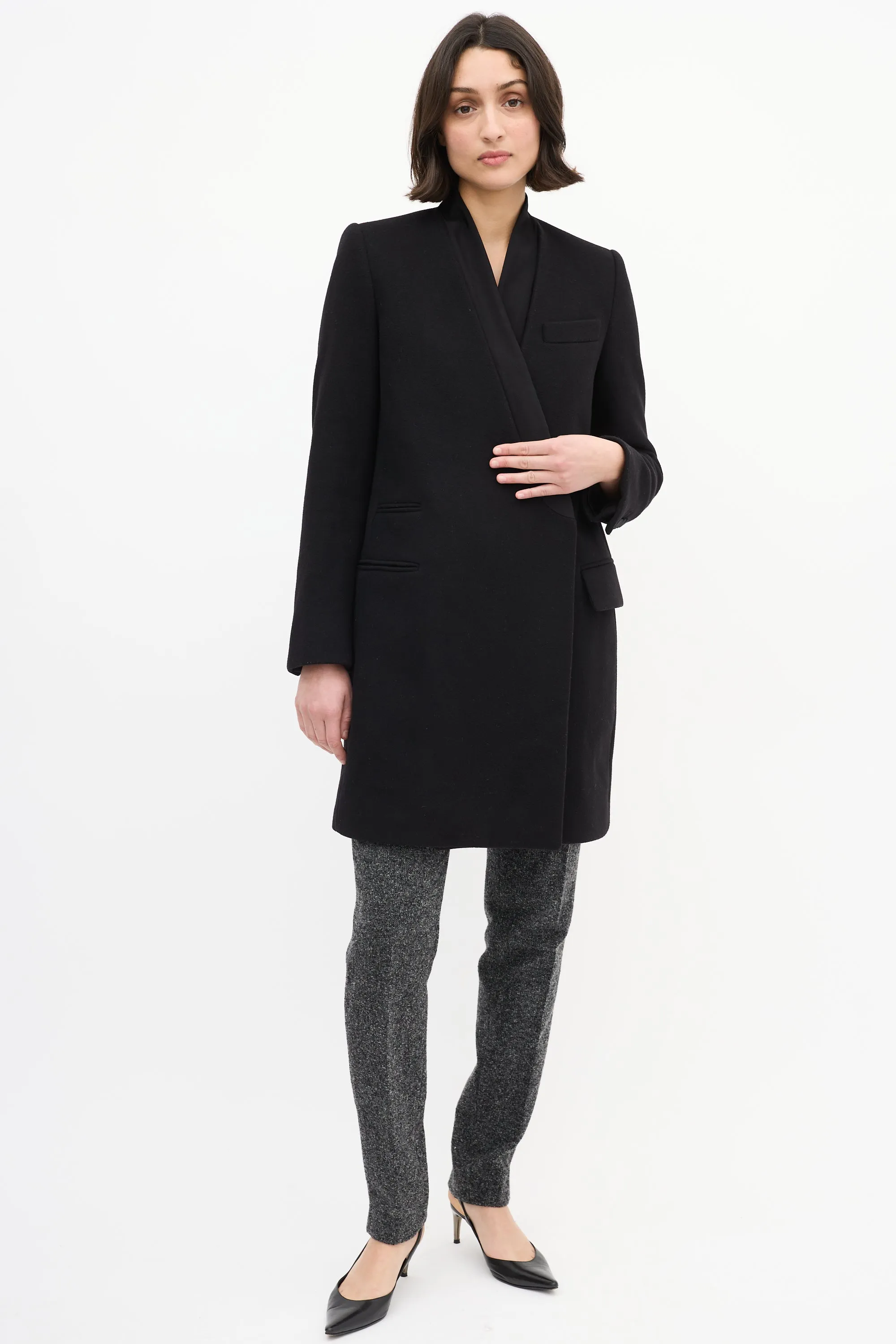 Black Wool Tuxedo Mid Length Coat