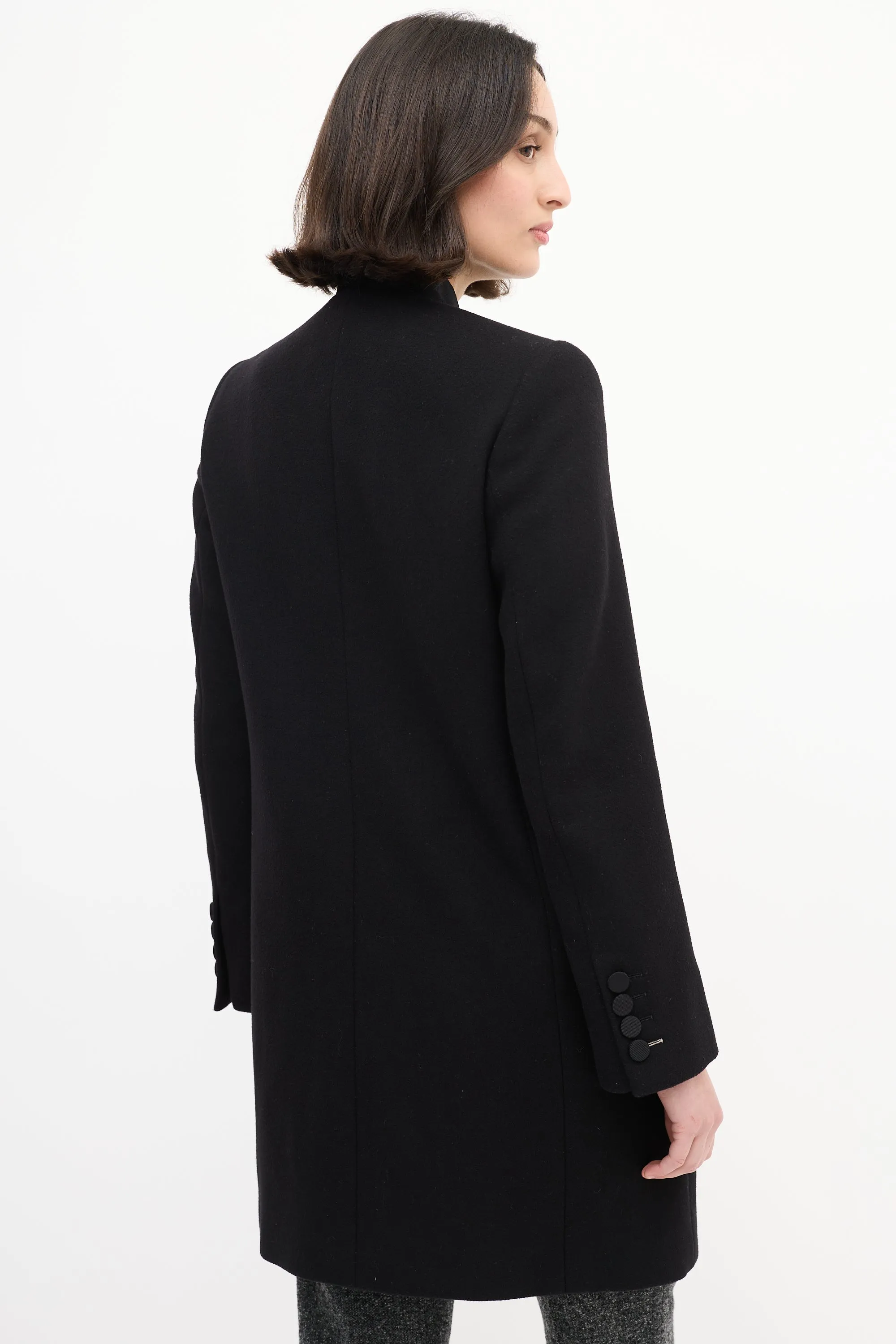 Black Wool Tuxedo Mid Length Coat