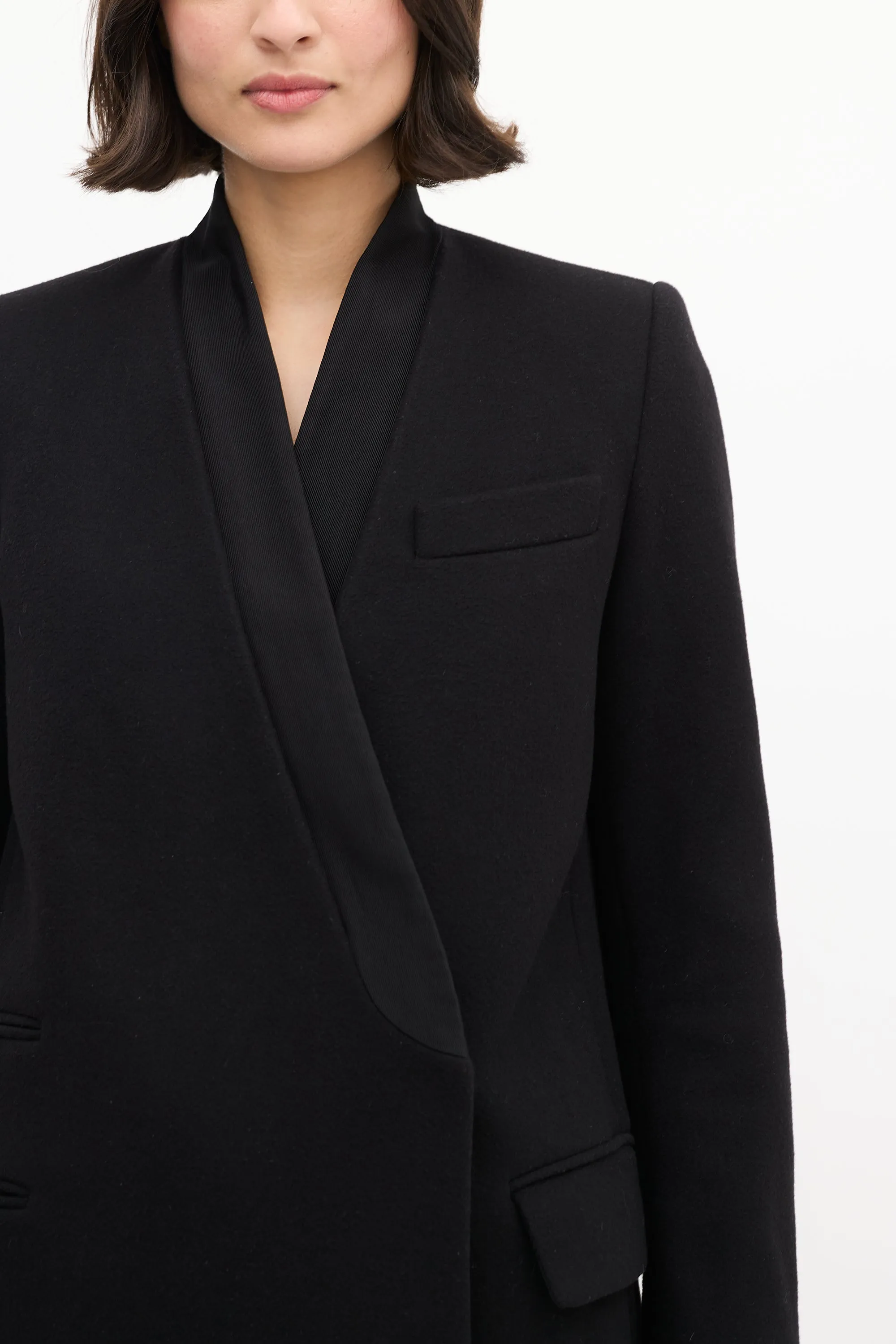 Black Wool Tuxedo Mid Length Coat