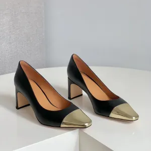 Block Heeled Slip-On Pumps Leather Square Toe Office Shoes Color Blocking in Black/Nude