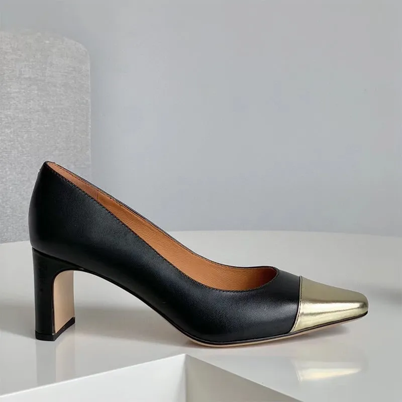 Block Heeled Slip-On Pumps Leather Square Toe Office Shoes Color Blocking in Black/Nude