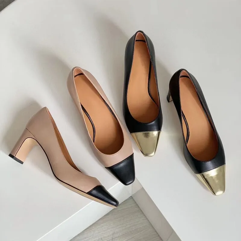 Block Heeled Slip-On Pumps Leather Square Toe Office Shoes Color Blocking in Black/Nude