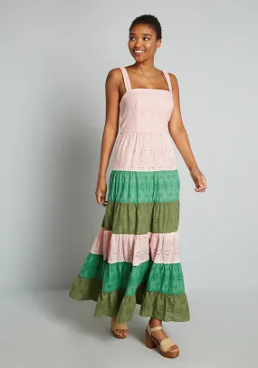 Blocked in Eyelet Tiered Maxi Dress