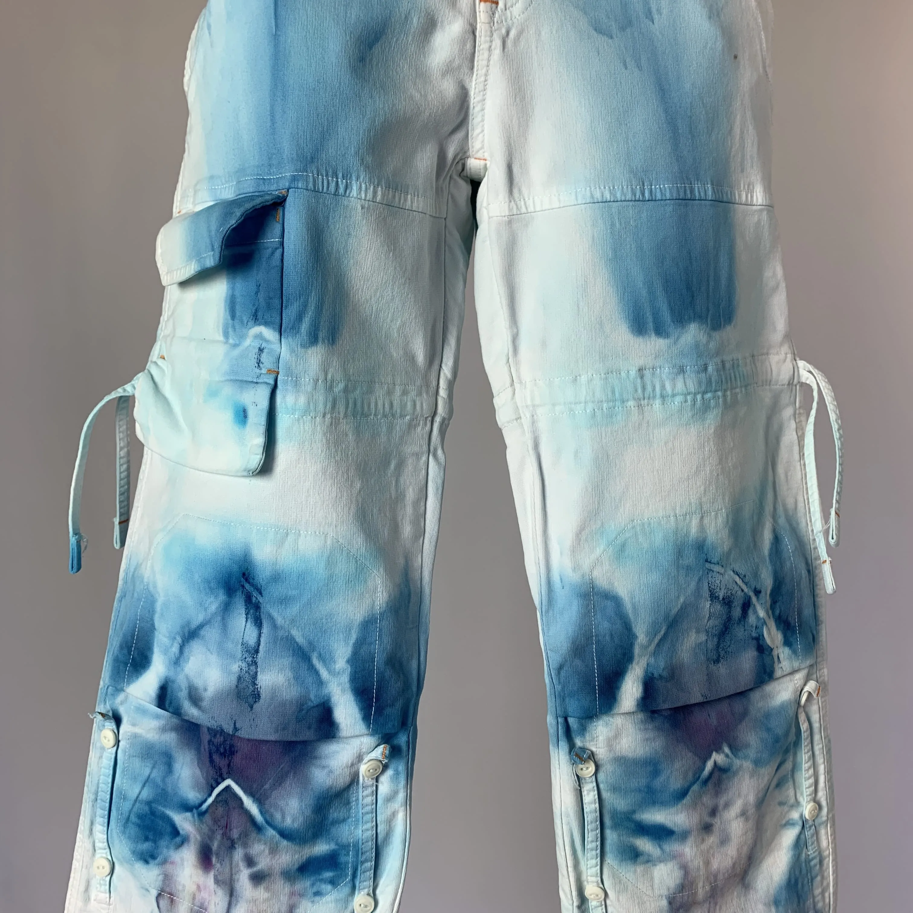 Blue and Purple Fractal Flow | French designer cargo pants | 33” waist