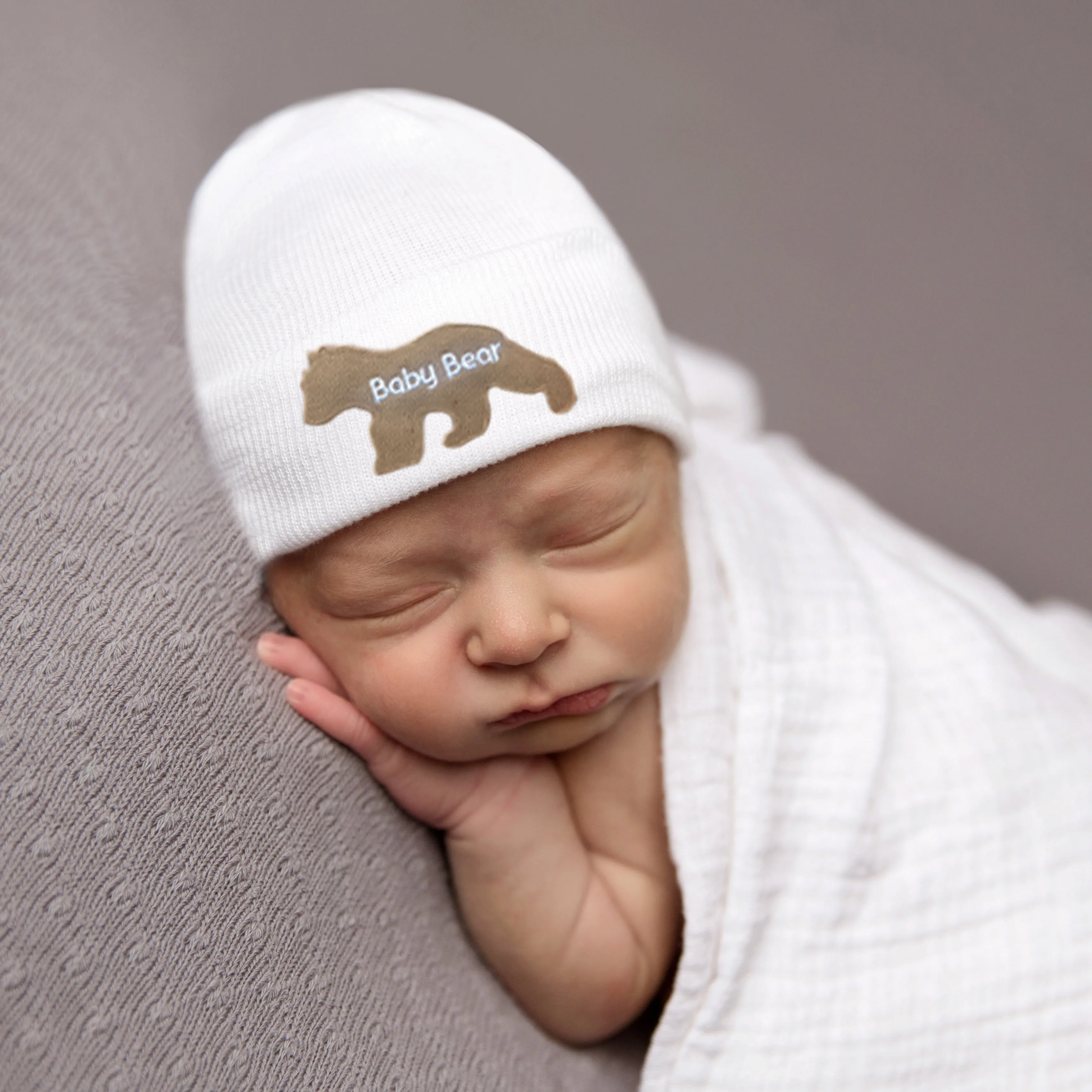 Blue or White Newborn Beanie Hospital Hat With Baby Bear Patch, Infant Beanie Hat For Boys