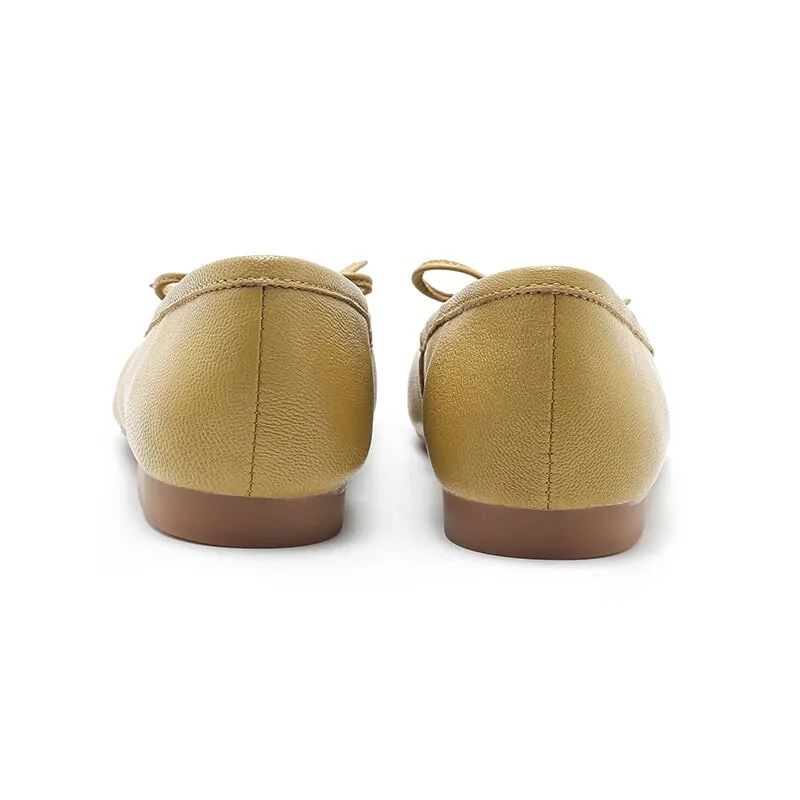 Bow-Detail Round Toe Vegetable Tanned Sheepskin Ballerina Shoes in Brown/Green/Black/Apricot