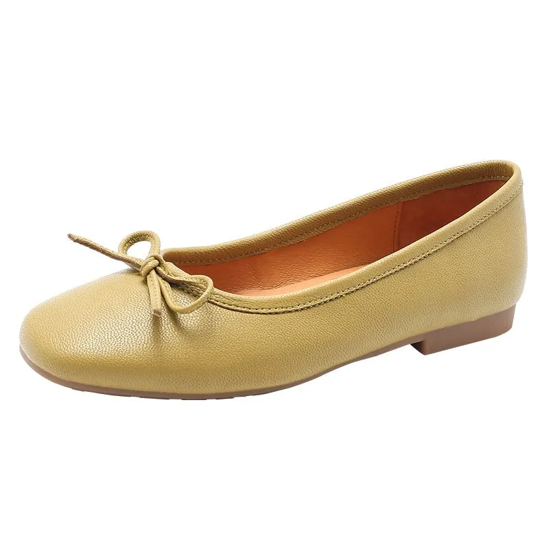 Bow-Detail Round Toe Vegetable Tanned Sheepskin Ballerina Shoes in Brown/Green/Black/Apricot