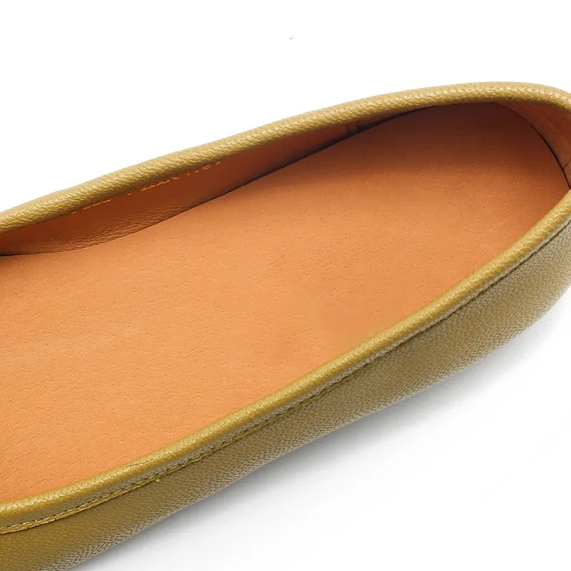 Bow-Detail Round Toe Vegetable Tanned Sheepskin Ballerina Shoes in Brown/Green/Black/Apricot