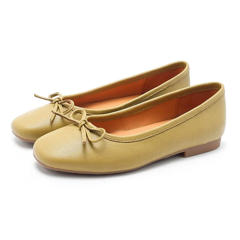 Bow-Detail Round Toe Vegetable Tanned Sheepskin Ballerina Shoes in Brown/Green/Black/Apricot