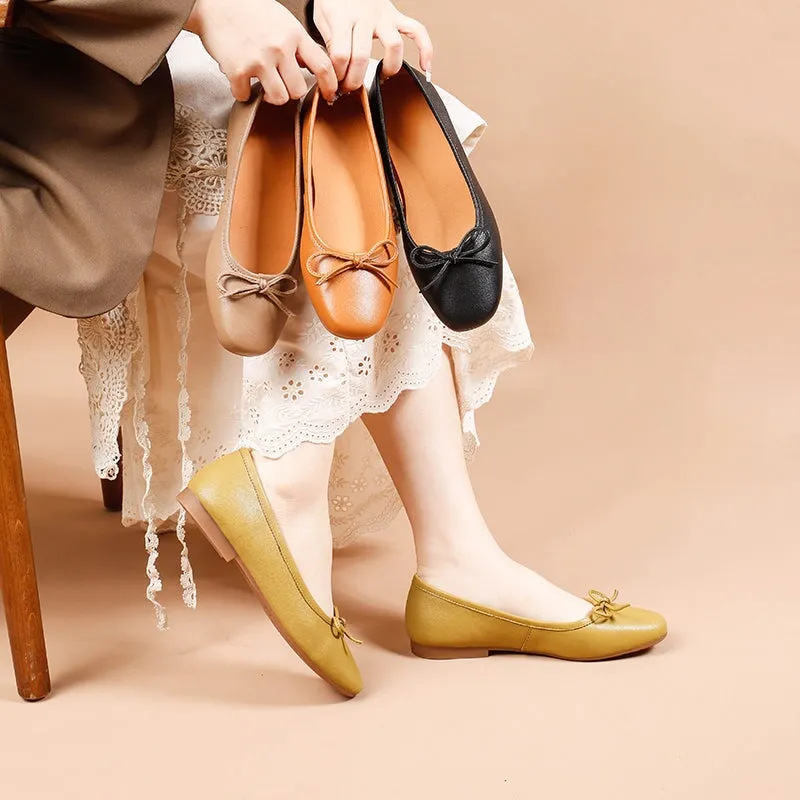 Bow-Detail Round Toe Vegetable Tanned Sheepskin Ballerina Shoes in Brown/Green/Black/Apricot