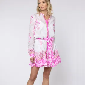 Cage Block Print Godot Dress in White/Fuchsia