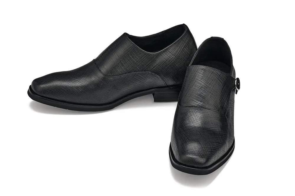 CALTO - Y1180 - 3.2 Inches Taller (Black) - Lightweight Monk Strap Slip-On Dress Shoes