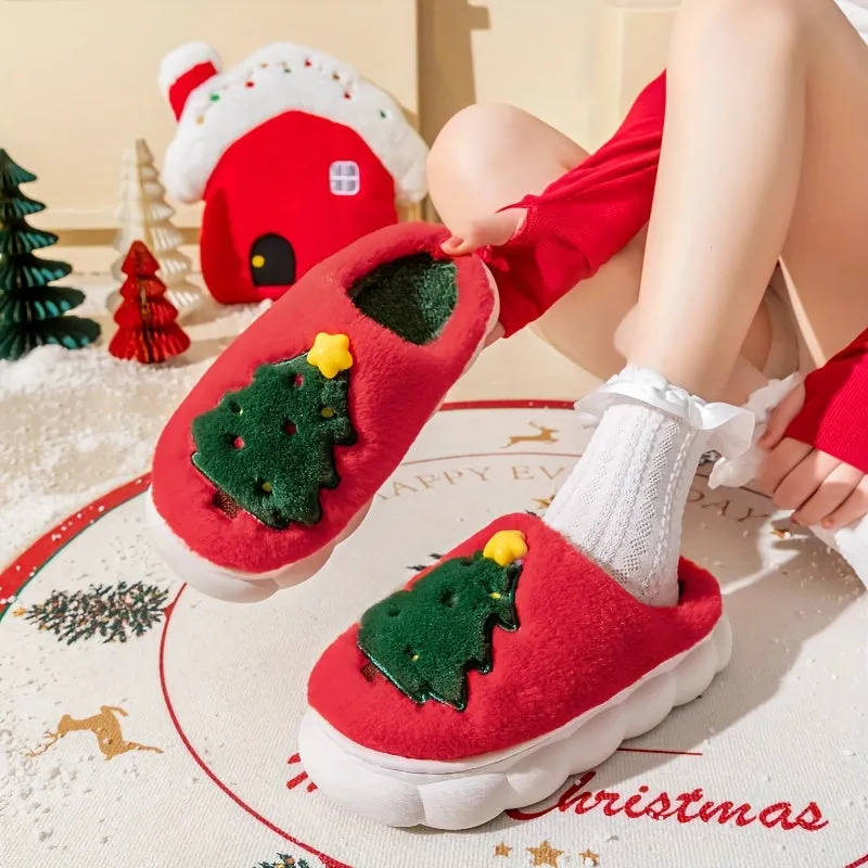 Christmas Cartoon Fluffy Home Slippers, Warm Soft Sole Bedroom Plush Lined Slippers, Non-slip Cozy Leisure Winter Christmas Slippers