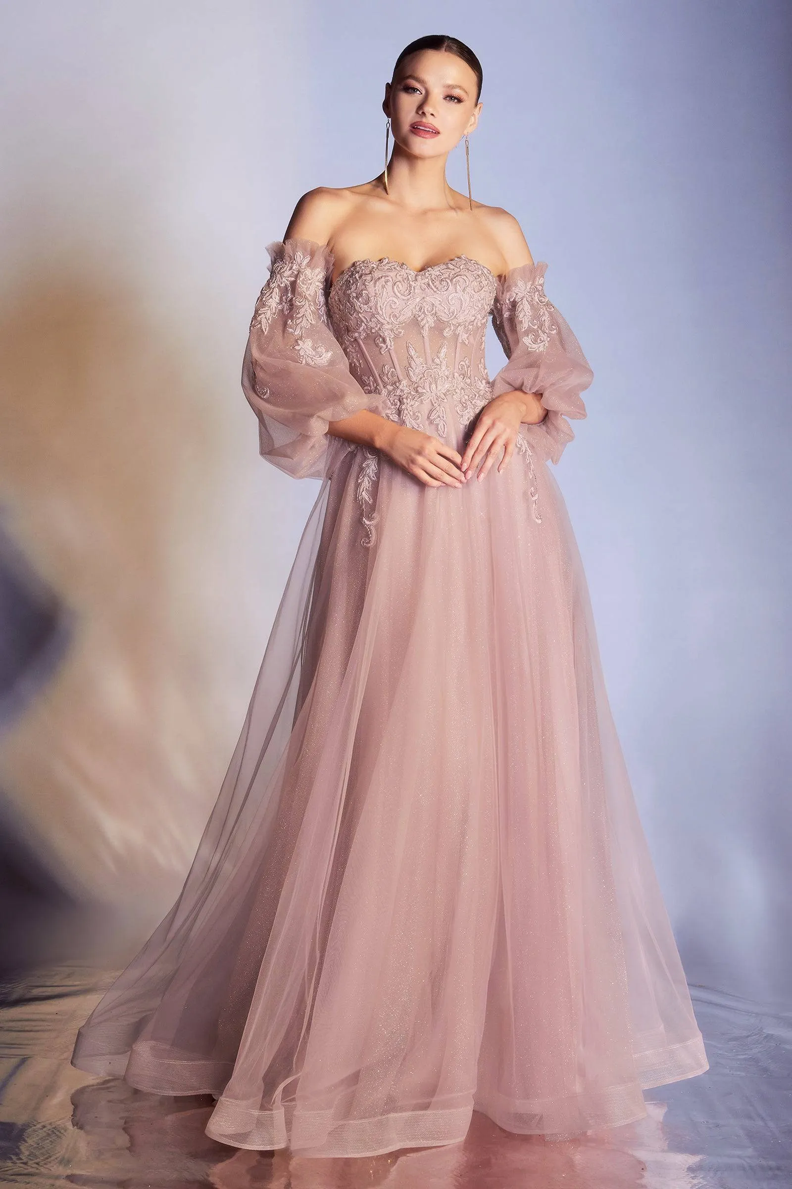 Cinderella Divine CD948 Opulent Off Shoulder Embroidered Gown with Puffy Sleeves